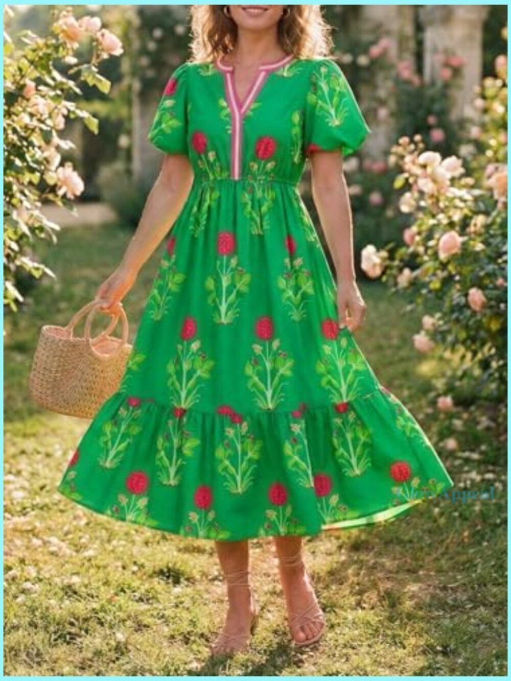 Summer Maxi Dress Floral Print A-Line Puff Sleeve V-Neck Boho Beach - Picture 2 of 7